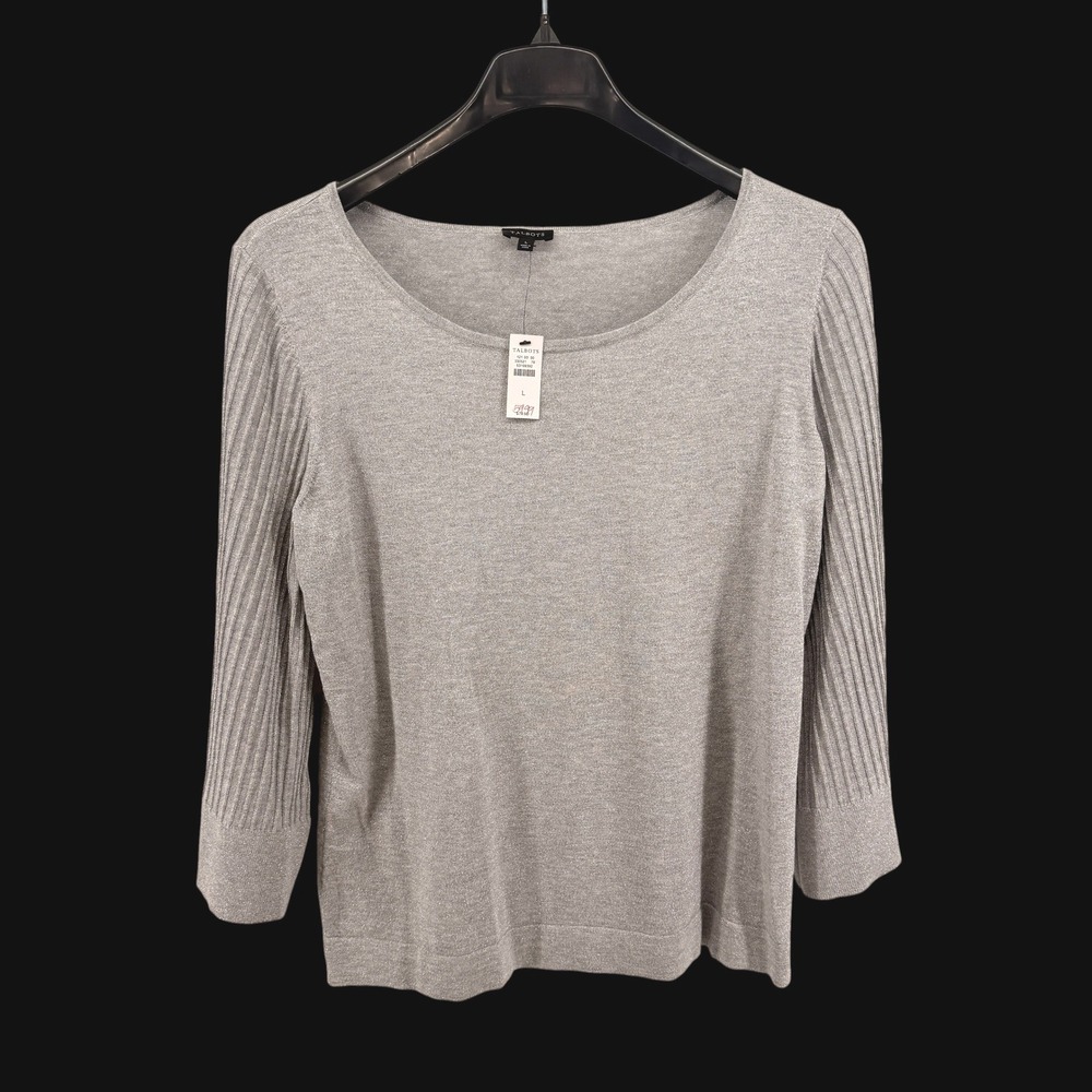 NEW Talbots Metallic Knit Sweater Women Large Pullover Silver Ribbed Bell Sleeve